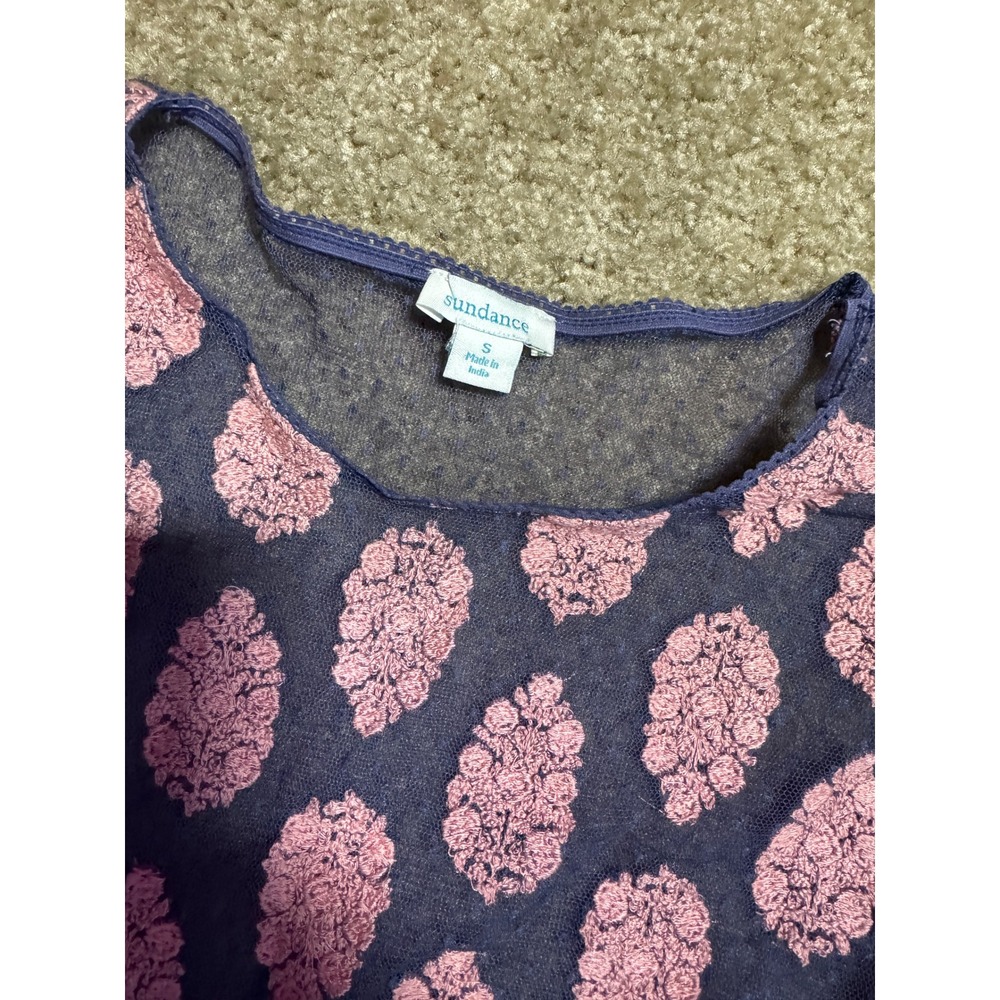 Sundance Women Blue Pink Mesh Embroidered Medallion Cap Sleeve Lace Trim Top S - Picture 4 of 6